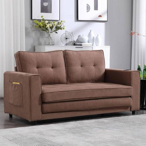 3-in-1 Upholstered Futon Sofa Convertible Floor Sofa Bed,Foldable Tufted Loveseat with Pull Out Sleeper Couch Bed,Folding Mattres Love Seat Daybed W/Side Pockets for Living Room, Brown