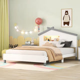 Full Size Wood Platform Bed with House-shaped Headboard and Motion Activated Night Lights (White+Gray), YYUE-240709-02