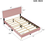Queen Size Corduroy Upholstered Bed Frame, Platform Bed with Horizontal Stripe Headboard, No Box Spring Needed, Pink