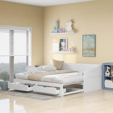 Wooden Daybed with Trundle Bed and Two Storage Drawers, Extendable Bed Daybed,Sofa Bed with Two Drawers, White