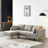 3-Seat L-Shaped Sectional Sofa with Ottoman, Grey Fabric Upholstery