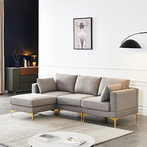 3-Seat L-Shaped Sectional Sofa with Ottoman, Grey Fabric Upholstery