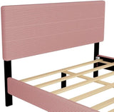 Queen Size Corduroy Upholstered Bed Frame, Platform Bed with Horizontal Stripe Headboard, No Box Spring Needed, Pink