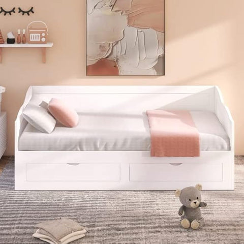 Wooden Daybed with Trundle Bed and Two Storage Drawers, Extendable Bed Daybed,Sofa Bed with Two Drawers, White