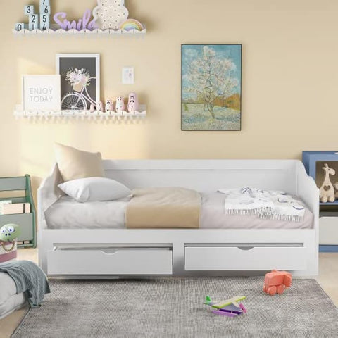 Wooden Daybed with Trundle Bed and Two Storage Drawers, Extendable Bed Daybed,Sofa Bed with Two Drawers, White