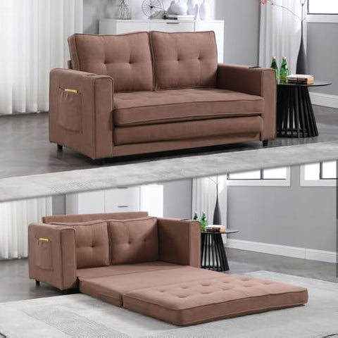 3-in-1 Upholstered Futon Sofa Convertible Floor Sofa Bed,Foldable Tufted Loveseat with Pull Out Sleeper Couch Bed,Folding Mattres Love Seat Daybed W/Side Pockets for Living Room, Brown