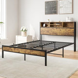 Full Size Bed Frame with Storage Headboard, Metal Platform Bed with Charging Station, Bookcase Storage, No Box Spring Needed, Easy Assembly, Noise-Free, Black