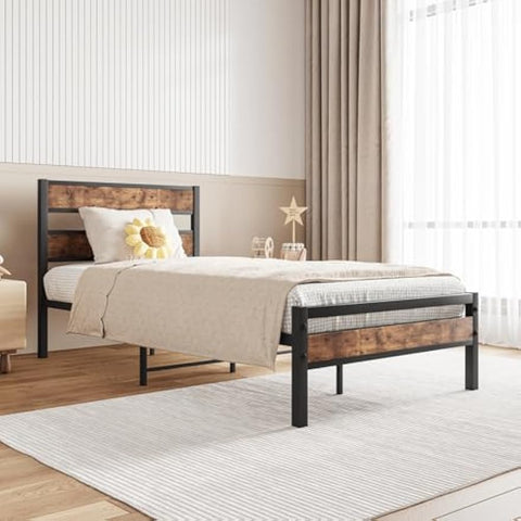 Twin Size Platform Bed Frame with Rustic Vintage Wood Headboard, Strong Metal Slats Support, No Box Spring Needed