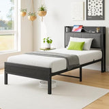 Twin Size Bed Frame, Storage Headboard with Charging Station, Solid and Stable, Noise Free, No Box Spring Needed, Easy Assembly