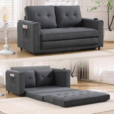 3-in-1 Upholstered Futon Sofa Convertible Sofa Bed,Foldable Tufted Loveseat with Pull Out Sleeper Couch Bed,Folding Mattres Love Seat Daybed W/Side Pockets and Cup Holder, Dark Gray