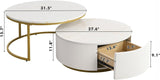 Modern Round Nesting Coffee Table Fluted with Drawer in White & Gold in 31.5''