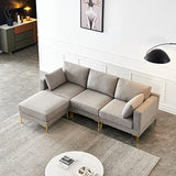 3-Seat L-Shaped Sectional Sofa with Ottoman, Grey Fabric Upholstery