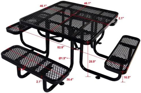 Square Outdoor Steel Picnic Table 46" Black,with Umbrella Pole