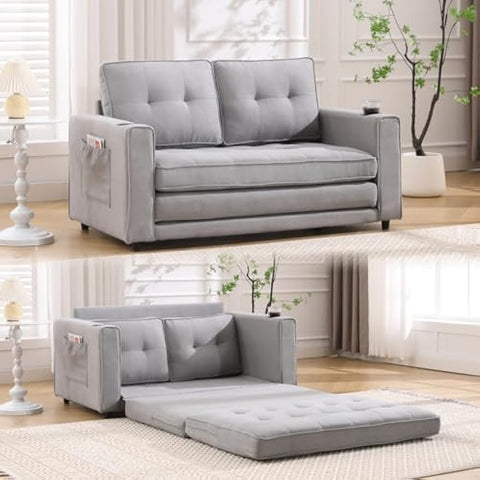 3-in-1 Upholstered Futon Sofa Convertible Sofa Bed,Foldable Tufted Loveseat with Pull Out Sleeper Couch Bed,Folding Mattres Love Seat Daybed W/Side Pockets and Cup Holder, Light Gray