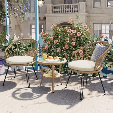 Outdoor Leisure Set, 2 Rattan Single Chairs with A Glass Round Table, Perfectly Suited for Patios, Balconies, and Courtyards