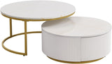 Modern Round Nesting Coffee Table Fluted with Drawer in White & Gold in 31.5''