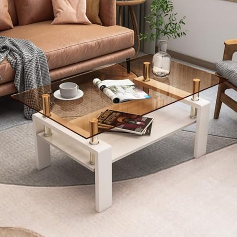 Rectangle Coffee Table, Tempered Glass Tabletop with MDF Layer, Modern Table for Living Room, Brown Glass