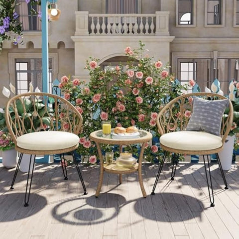 Outdoor Leisure Set, 2 Rattan Single Chairs with A Glass Round Table, Perfectly Suited for Patios, Balconies, and Courtyards