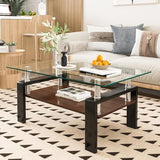 Rectangle Coffee Table, Tempered Glass Tabletop with MDF Layer, Modern Table for Living Room, Transparent Glass