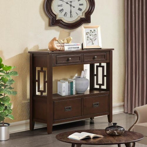 36'' Farmhouse Pine Wood Console Table Entry Sofa Table with 4 Drawers & 1 Storage Shelf for Entryway Living Room Bedroom Hallway Kitchen, YYUE-240507-02