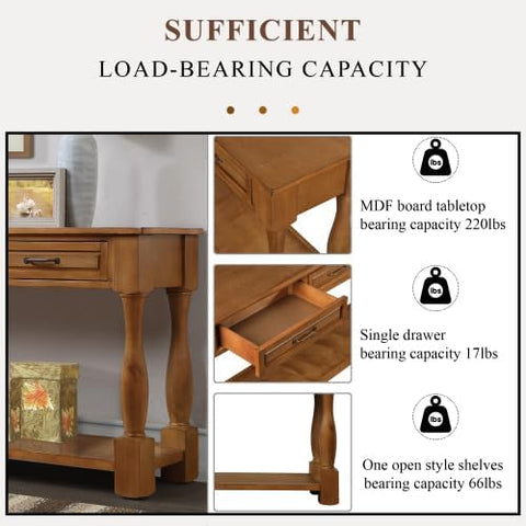 63inch Long Wood Console Table with 3 Drawers and 1 Bottom Shelf for Entryway Hallway Easy Assembly Extra-Thick Sofa Table(Brown), YYUE-240507-29