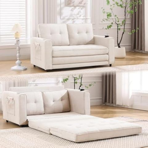 3-in-1 Upholstered Futon Sofa Convertible Sofa Bed,Foldable Tufted Loveseat with Pull Out Sleeper Couch Bed,Folding Mattres Love Seat Daybed W/Side Pockets and Cup Holder, Beige