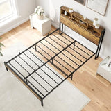Full Size Bed Frame with Storage Headboard, Metal Platform Bed with Charging Station, Bookcase Storage, No Box Spring Needed, Easy Assembly, Noise-Free, Black