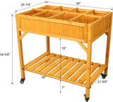 Elevated 8 Pocket Herb Garden Bed，Mobile Raised Customizable Wood Planter for Herbs，Vegetables，Flowers w/Lockable Wheels，Storage Shelf，Drainage Holes