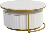 Modern Round Nesting Coffee Table Fluted with Drawer in White & Gold in 31.5''