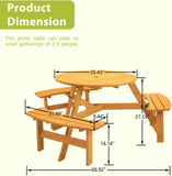 6-Person Circular Outdoor Wooden Picnic Table for Patio, Backyard, Garden, DIY w/ 3 Built-in Benches, 1720lb Capacity - Natural