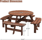 8 Person Wooden Picnic Table, Outdoor Camping Dining Table with Seat, Garden, DIY w/ 4 Built-in Benches, 2220lb Capacity