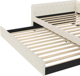 Full Size Daybed, Upholstered Tufted Sofa Bed with Trundle, Daybed with Button & Copper Nail on Square Arms, Full Daybed with Twin Trundle, Ivory