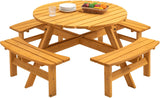 8 Person Wooden Picnic Table, Outdoor Camping Dining Table with Seat, Garden, DIY w/ 4 Built-in Benches, 2220lb Capacity - Natural