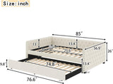 Full Size Daybed, Upholstered Tufted Sofa Bed with Trundle, Daybed with Button & Copper Nail on Square Arms, Full Daybed with Twin Trundle, Ivory