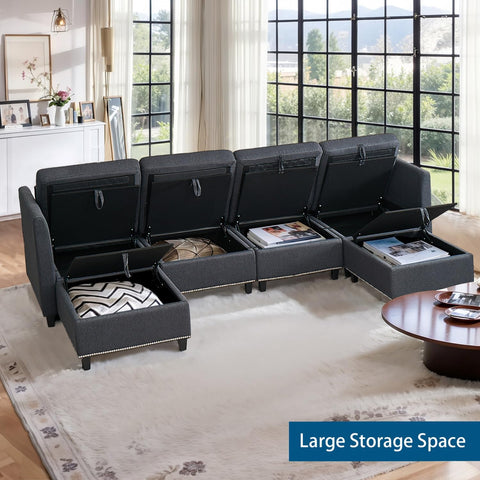 Convertible Sectional Sofa with Storage Seat 6 Seat Sofa with Reversible Chaise U Shaped Sectional Couch for Living Room,Dark Grey