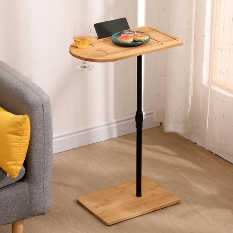 Couch Tray Table Bamboo Height Adjustable Side Table for Sofa C-Shaped Oval End Tables with Slots for Bed & Chairs in Living Room & Bedroom (Oval + Rectangle)