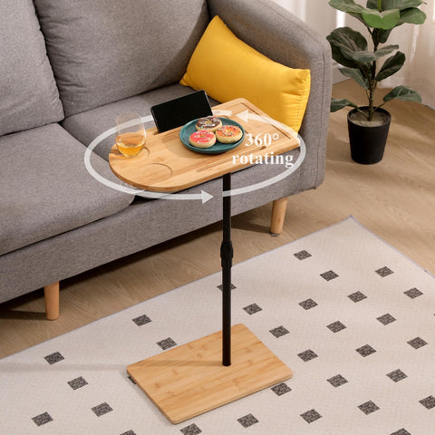Couch Tray Table Bamboo Height Adjustable Side Table for Sofa C-Shaped Oval End Tables with Slots for Bed & Chairs in Living Room & Bedroom (Oval + Rectangle)
