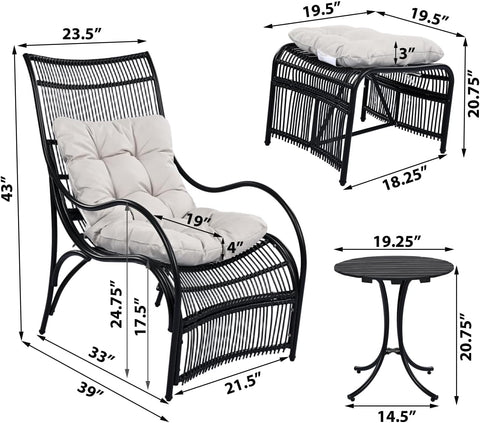 3 Pieces Wicker Outdoor Patio Furniture Set with Lounge Chair, Balcony Chairs Table Set with Cushions, Ottoman, Patio Conversation Sets for Garden,Deck,and Porch, Black & Beige