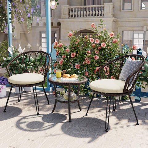 Outdoor Leisure Set, 2 Rattan Single Chairs with A Glass Round Table, Perfectly Suited for Patios, Balconies, and Courtyards