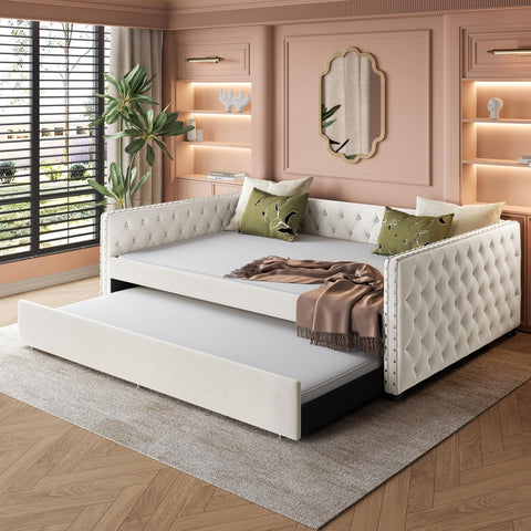 Full Size Daybed, Upholstered Tufted Sofa Bed with Trundle, Daybed with Button & Copper Nail on Square Arms, Full Daybed with Twin Trundle, Ivory