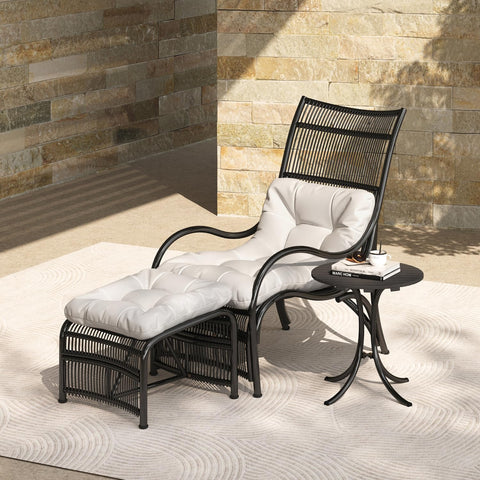 3 Pieces Wicker Outdoor Patio Furniture Set with Lounge Chair, Balcony Chairs Table Set with Cushions, Ottoman, Patio Conversation Sets for Garden,Deck,and Porch, Black & Beige