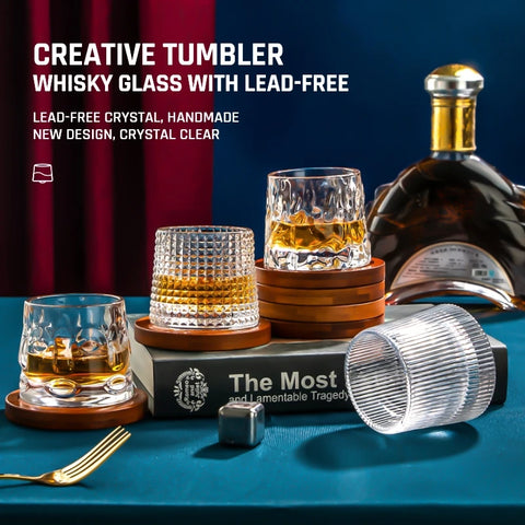 Creative Decompression Mug Embossed Vintage 360 Degree Rotating Nonpareil Whiskey Glass Wooden Base