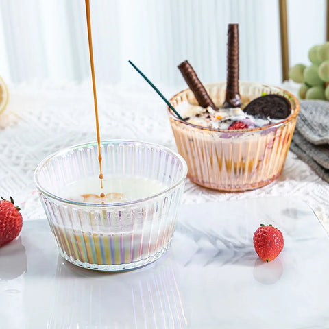 Vertical Striped Glass Serving Bowl Salad Ice Cream Dessert Bowl 4.5 Inch Ribbed Mini Prep Bowl