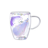 "Double-wall insulated glass coffee mug – heat-resistant, high-temperature safe, stylish dried flower design, elegant handle cup perfect for lattes, home, or office use."