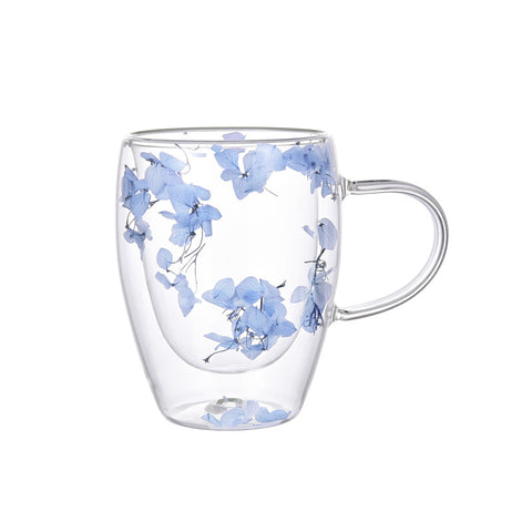 "Double-wall insulated glass coffee mug – heat-resistant, high-temperature safe, stylish dried flower design, elegant handle cup perfect for lattes, home, or office use."