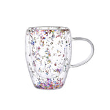 "Double-wall insulated glass coffee mug – heat-resistant, high-temperature safe, stylish dried flower design, elegant handle cup perfect for lattes, home, or office use."