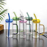 High borosilicate glass straw cup with lid colorful handle summer cold drink juice coke glass graduation gift drinking glass