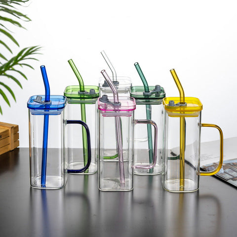 High borosilicate glass straw cup with lid colorful handle summer cold drink juice coke glass graduation gift drinking glass