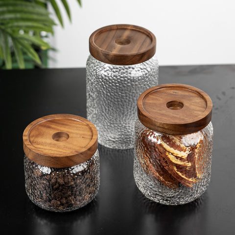 Creative hammered acacia wood storage jar transparent household kitchen storage miscellaneous food coffee beans tea glass sealing jar