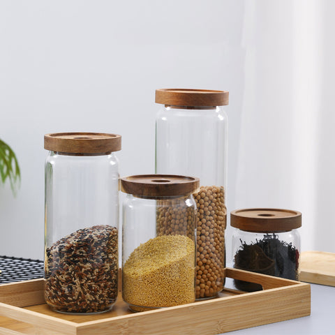 Glass storage jars wholesale household kitchen storage grains and cereals acacia wood jars candy coffee beans sealing jar
